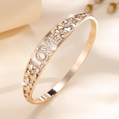 Elegant Love Inlay Bangle For Women, Copper Material With Zircon Inlay And Electroplated Gold Plating
