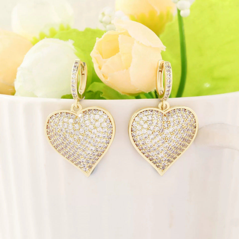 Heart Shape Stud Earrings For Women Featuring Electroplated Finish And Copper Posts With Zircon Inlay