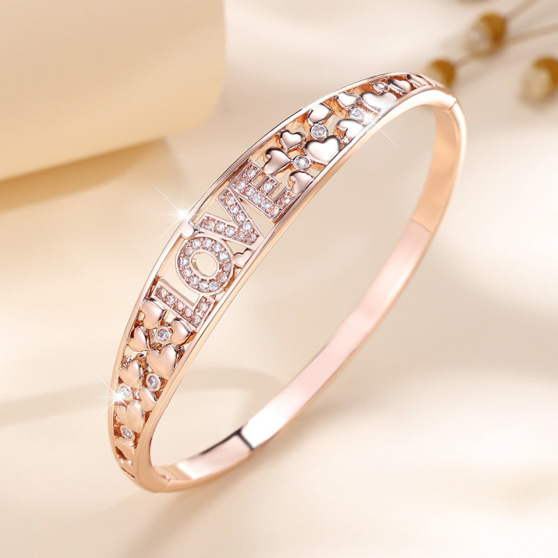 Elegant Love Inlay Bangle For Women, Copper Material With Zircon Inlay And Electroplated Gold Plating