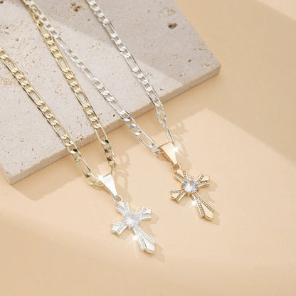 Hip-Hop Cross Pendant Necklace For Unisex With Electroplated Copper And Rhinestone Inlay On Figaro Chain