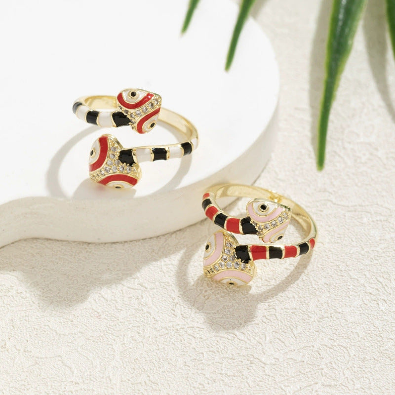 Vintage Style Snake Open Ring For Women, Copper Enamel With Zircon Inlay, Electroplated Gold Plating
