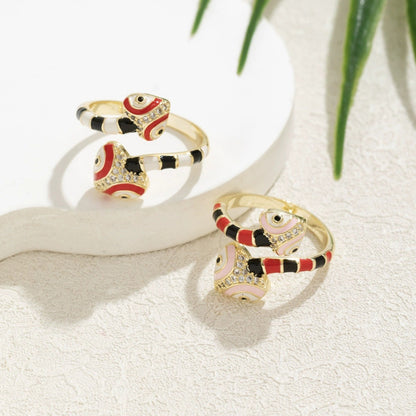Vintage Style Snake Open Ring For Women, Copper Enamel With Zircon Inlay, Electroplated Gold Plating