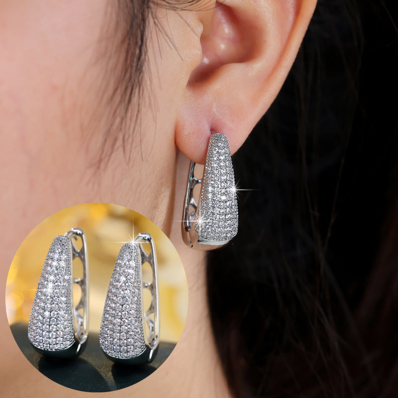 Geometric Silver Earrings For Women Featuring Copper Ear Pins And Zircon Inlay