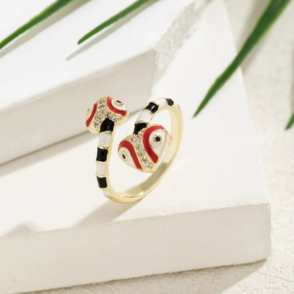 Vintage Style Snake Open Ring For Women, Copper Enamel With Zircon Inlay, Electroplated Gold Plating