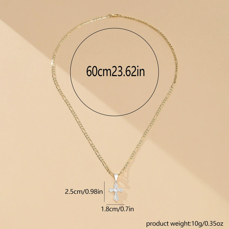 Hip-Hop Cross Pendant Necklace For Unisex With Electroplated Copper And Rhinestone Inlay On Figaro Chain