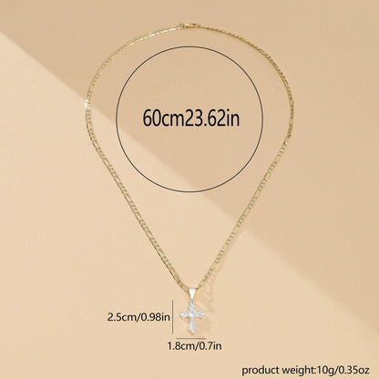 Hip-Hop Cross Pendant Necklace For Unisex With Electroplated Copper And Rhinestone Inlay On Figaro Chain