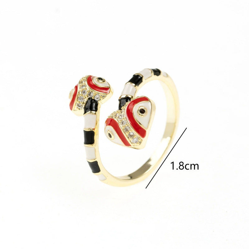 Vintage Style Snake Open Ring For Women, Copper Enamel With Zircon Inlay, Electroplated Gold Plating