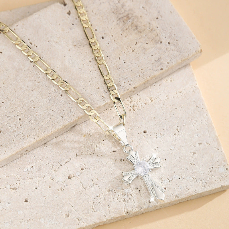 Hip-Hop Cross Pendant Necklace For Unisex With Electroplated Copper And Rhinestone Inlay On Figaro Chain