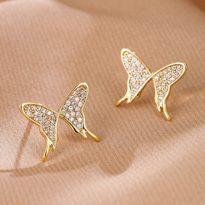 Butterfly Stud Earrings In Copper With Electroplated Finish And Zircon Inlay