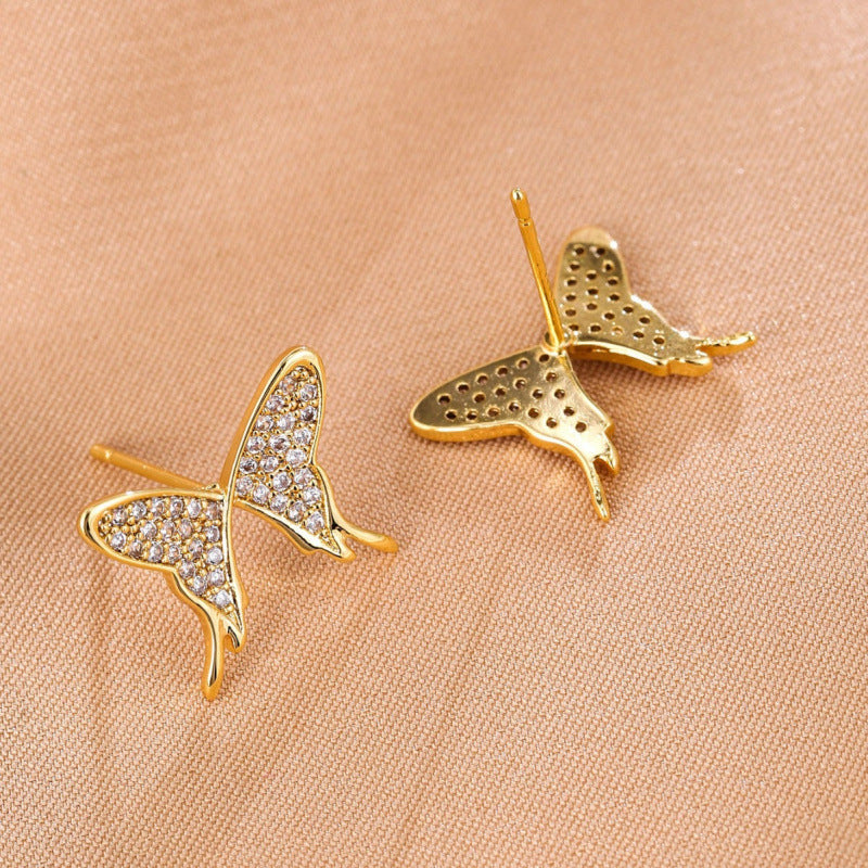 Butterfly Stud Earrings In Copper With Electroplated Finish And Zircon Inlay