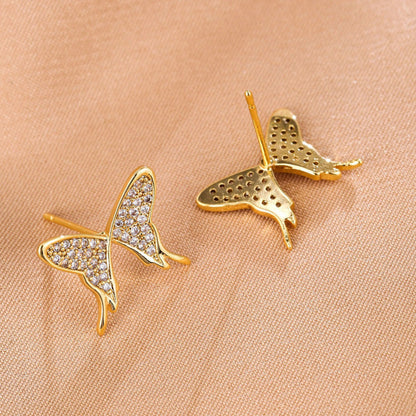 Butterfly Stud Earrings In Copper With Electroplated Finish And Zircon Inlay