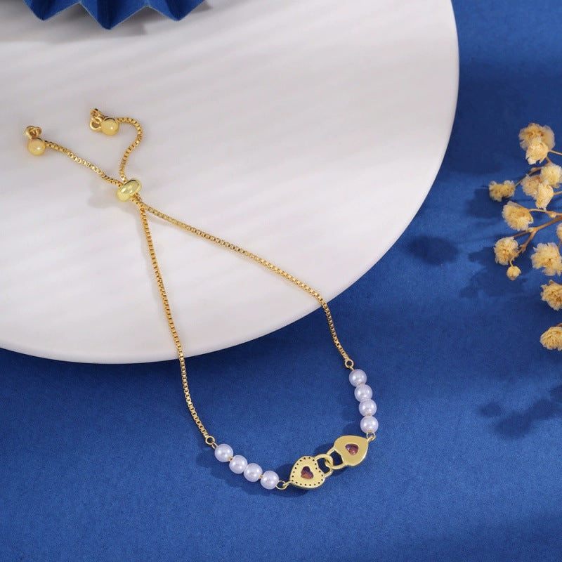 Heart Shape Copper Drawstring Bracelet In Gold, For Women