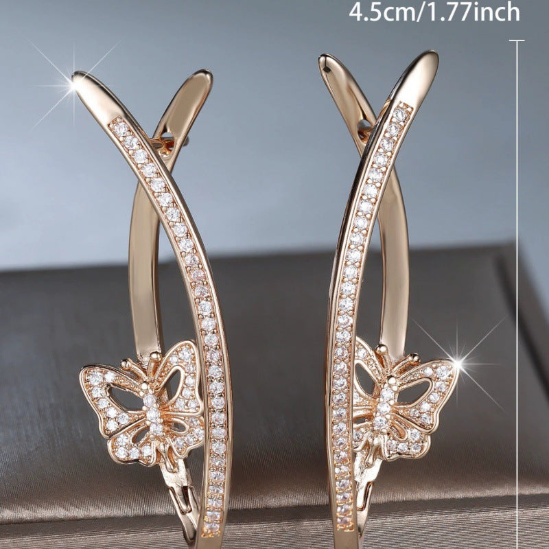 Butterfly Stud Earrings For Women In Copper With Bronze Plating And Rhinestone Inlay