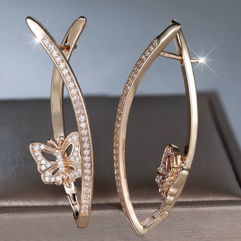 Butterfly Stud Earrings For Women In Copper With Bronze Plating And Rhinestone Inlay