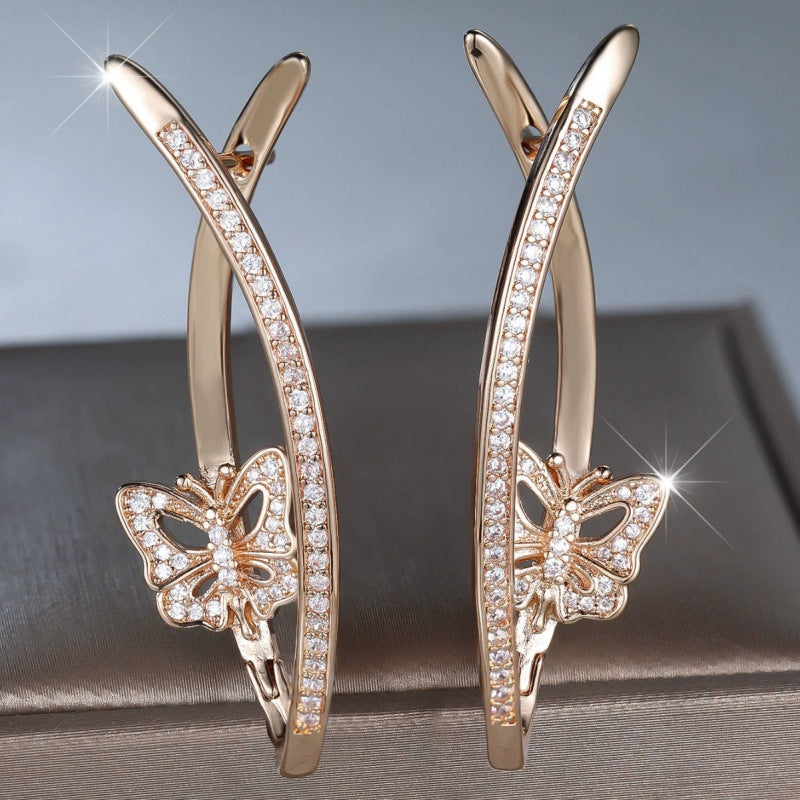 Butterfly Stud Earrings For Women In Copper With Bronze Plating And Rhinestone Inlay