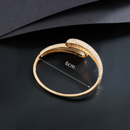 Geometric Copper Bangle With Golden Plated Finish And Zircon Inlay, Simple Style For Women