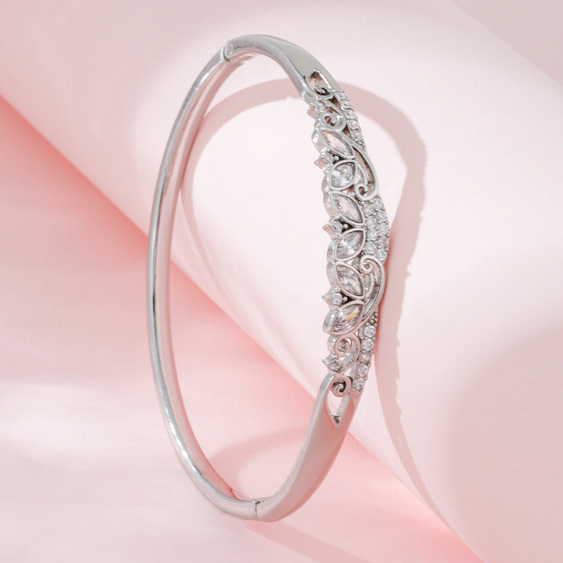 Women’s Inlay Bangle Featuring Zircon, Copper Base With Silver Electroplated Finish