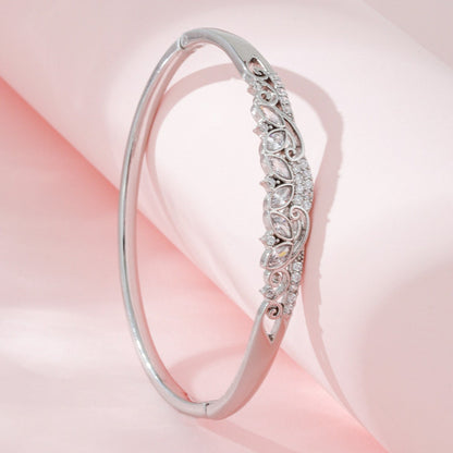 Women’s Inlay Bangle Featuring Zircon, Copper Base With Silver Electroplated Finish
