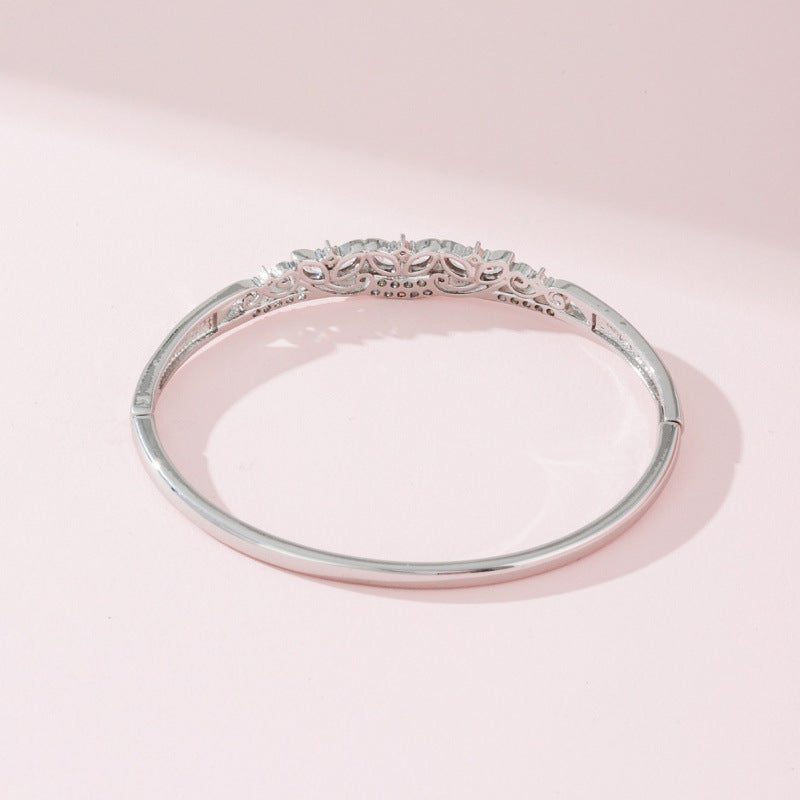 Women’s Inlay Bangle Featuring Zircon, Copper Base With Silver Electroplated Finish