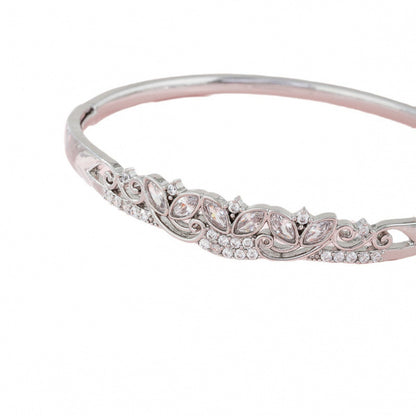 Women’s Inlay Bangle Featuring Zircon, Copper Base With Silver Electroplated Finish