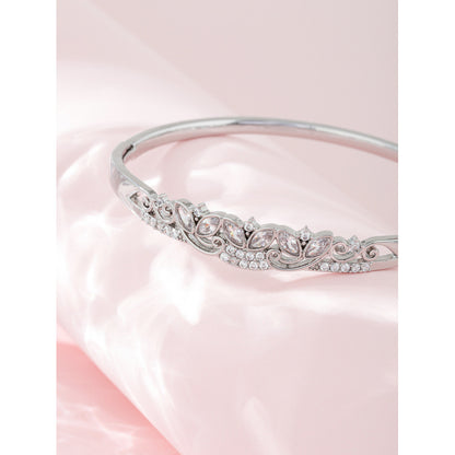 Women’s Inlay Bangle Featuring Zircon, Copper Base With Silver Electroplated Finish