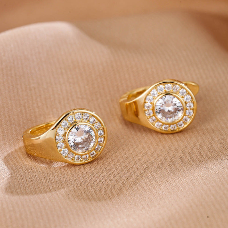 Sweet Round Three-dimensional Stud Earrings For Women, Electroplated Copper With Zircon Inlay
