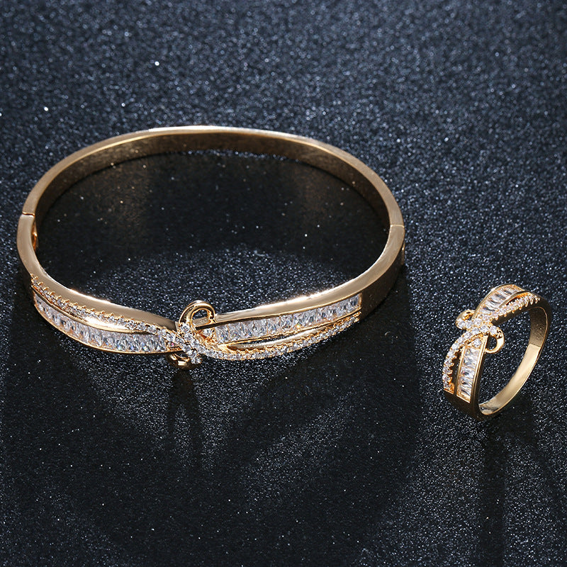 Women’s Titanium Steel Bangle With Zircon Inlay, Electroplated And 18K Real Gold Plated