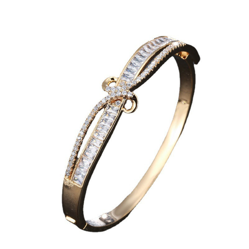 Women’s Titanium Steel Bangle With Zircon Inlay, Electroplated And 18K Real Gold Plated