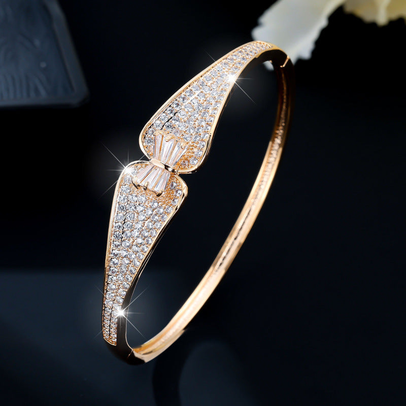 Luxurious Irregular Inlay Bangle In Copper With Electroplated Gold Plating And Zircon Accents