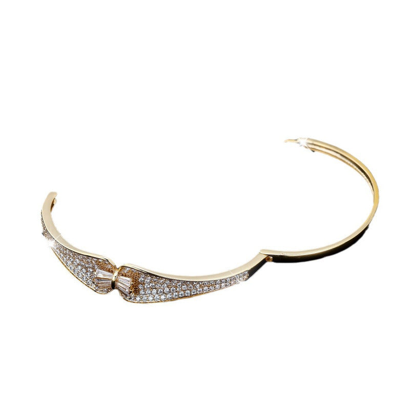 Luxurious Irregular Inlay Bangle In Copper With Electroplated Gold Plating And Zircon Accents