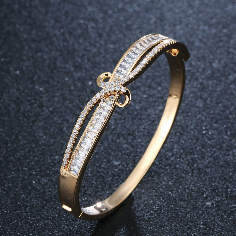 Women’s Titanium Steel Bangle With Zircon Inlay, Electroplated And 18K Real Gold Plated