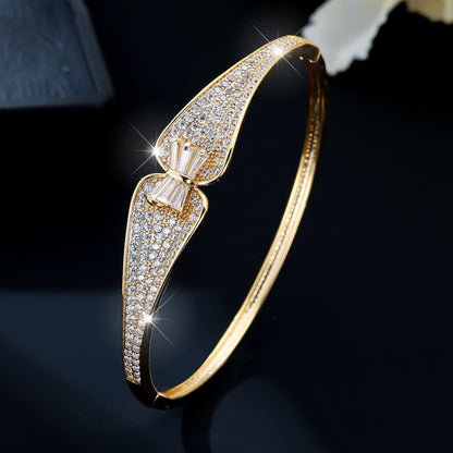 Luxurious Irregular Inlay Bangle In Copper With Electroplated Gold Plating And Zircon Accents