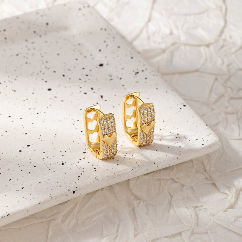 Geometric Gold Earrings For Women Featuring Copper Studs And Zircon Inlay
