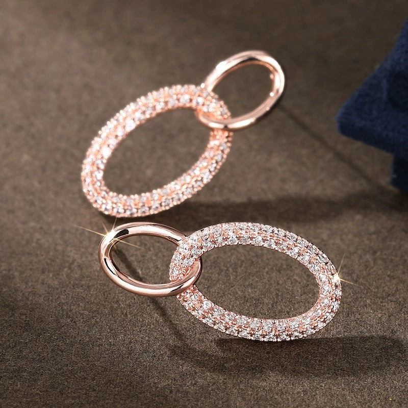 Geometric Earrings For Women Featuring Copper Studs With Zircon Inlay And Bezel Setting
