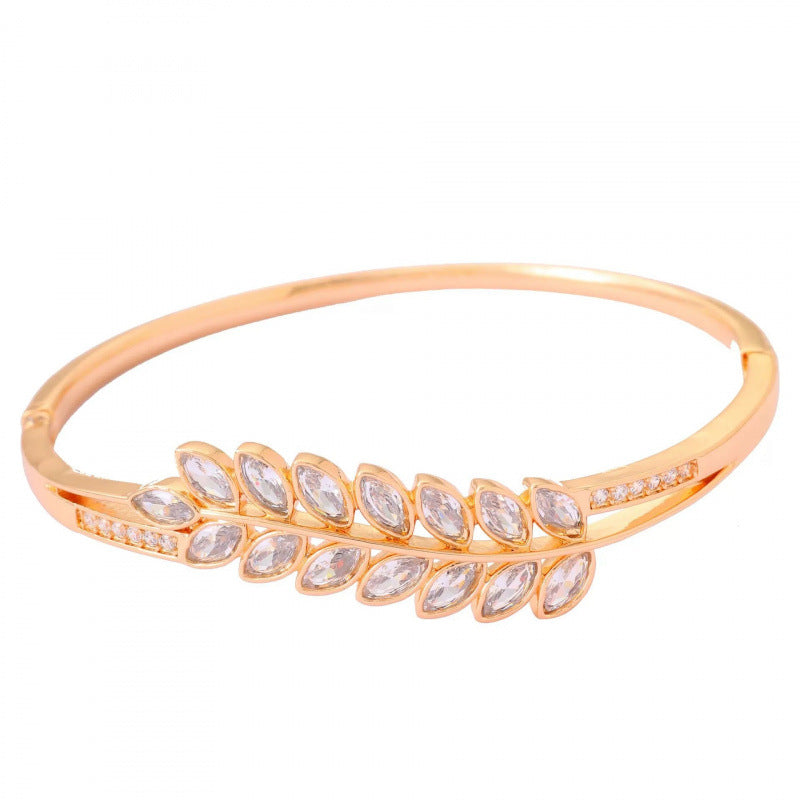 Women’s Electroplated Copper Bangle With Grain Pattern And Rhinestone Inlay