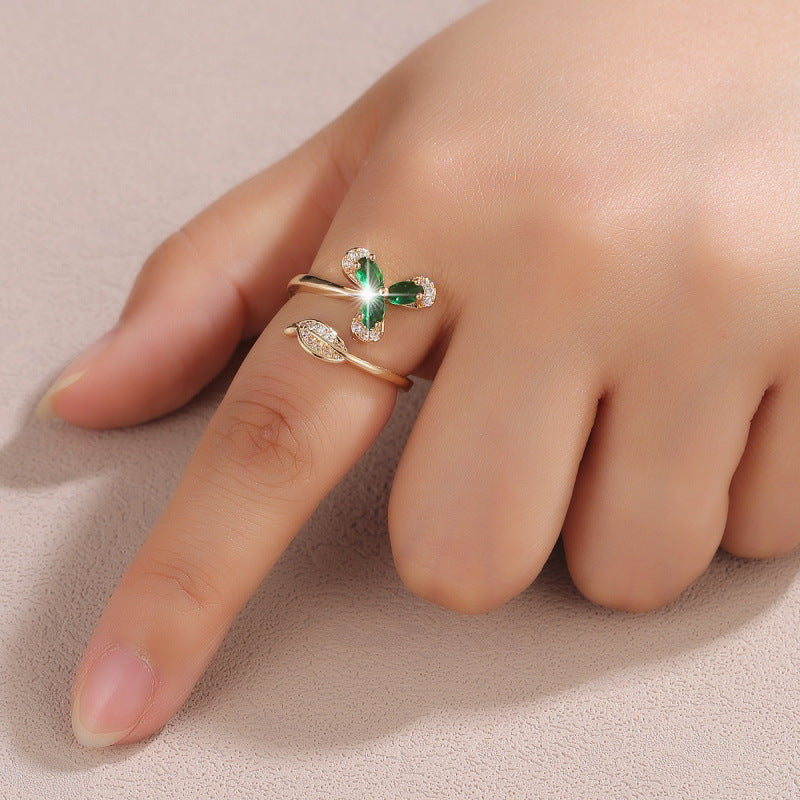 Elegant Butterfly Open Ring For Women In Copper With 18K Real Gold Plating And Zircon Inlay