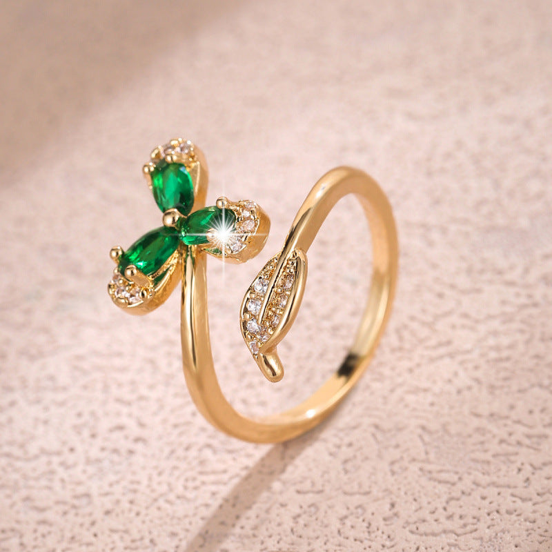 Elegant Butterfly Open Ring For Women In Copper With 18K Real Gold Plating And Zircon Inlay