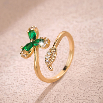 Elegant Butterfly Open Ring For Women In Copper With 18K Real Gold Plating And Zircon Inlay