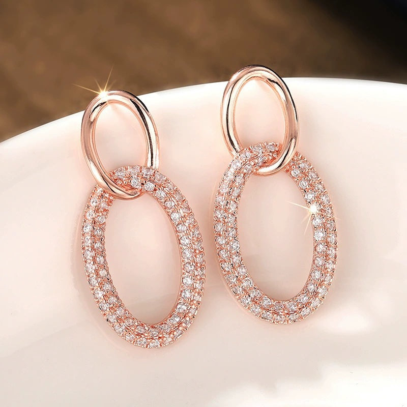 Geometric Earrings For Women Featuring Copper Studs With Zircon Inlay And Bezel Setting
