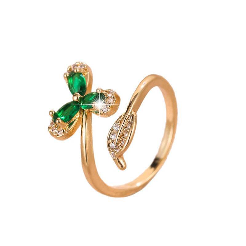 Elegant Butterfly Open Ring For Women In Copper With 18K Real Gold Plating And Zircon Inlay