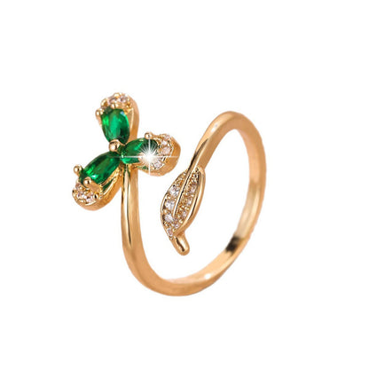 Elegant Butterfly Open Ring For Women In Copper With 18K Real Gold Plating And Zircon Inlay
