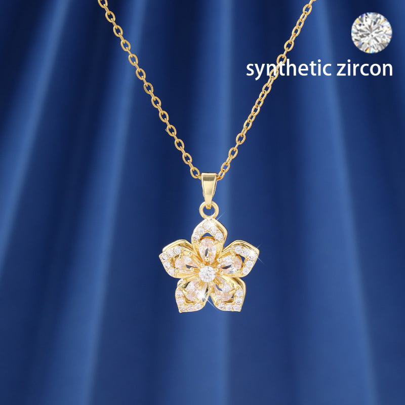 Gold Flowers Pendant Necklace For Women In Copper With Zircon Inlay