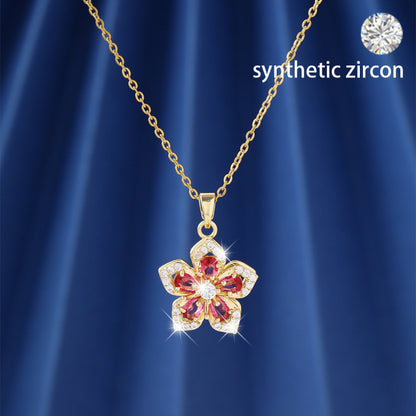 Gold Flowers Pendant Necklace For Women In Copper With Zircon Inlay