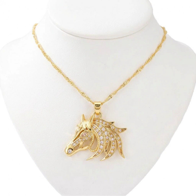 Three-dimensional Horse Pendant Necklace In Copper With Electroplated Gold Plating Process, Unisex Design