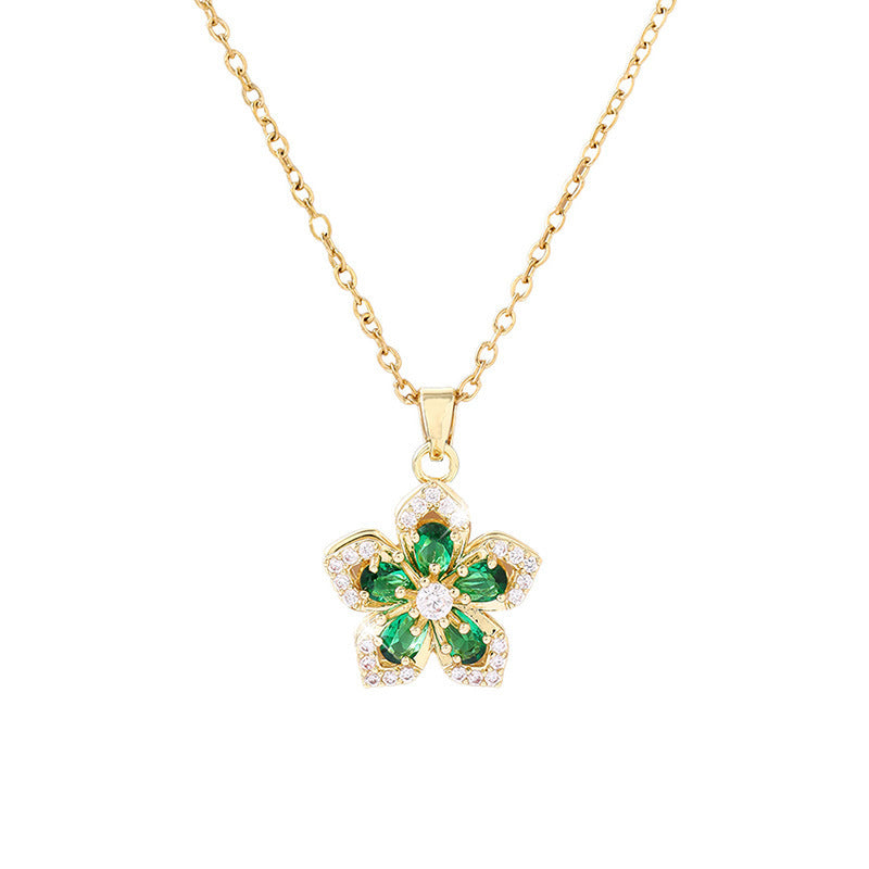 Gold Flowers Pendant Necklace For Women In Copper With Zircon Inlay