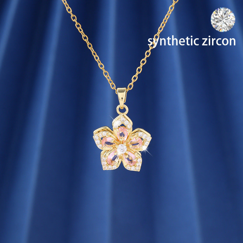 Gold Flowers Pendant Necklace For Women In Copper With Zircon Inlay