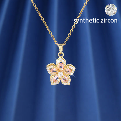 Gold Flowers Pendant Necklace For Women In Copper With Zircon Inlay