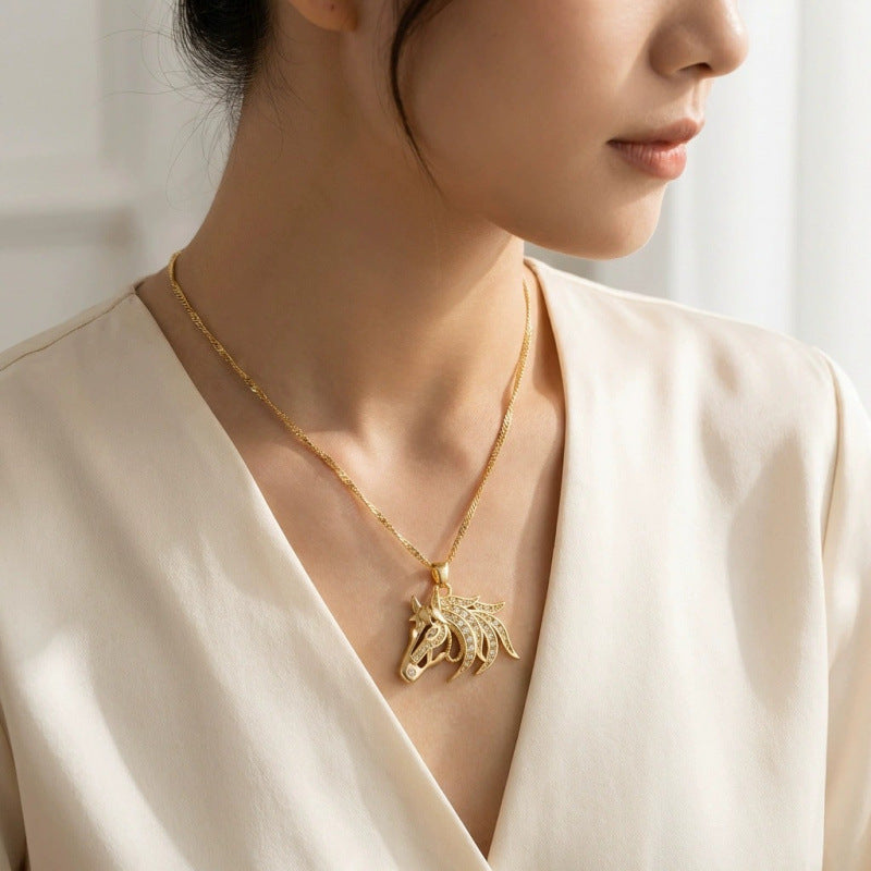 Three-dimensional Horse Pendant Necklace In Copper With Electroplated Gold Plating Process, Unisex Design
