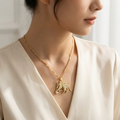 Three-dimensional Horse Pendant Necklace In Copper With Electroplated Gold Plating Process, Unisex Design