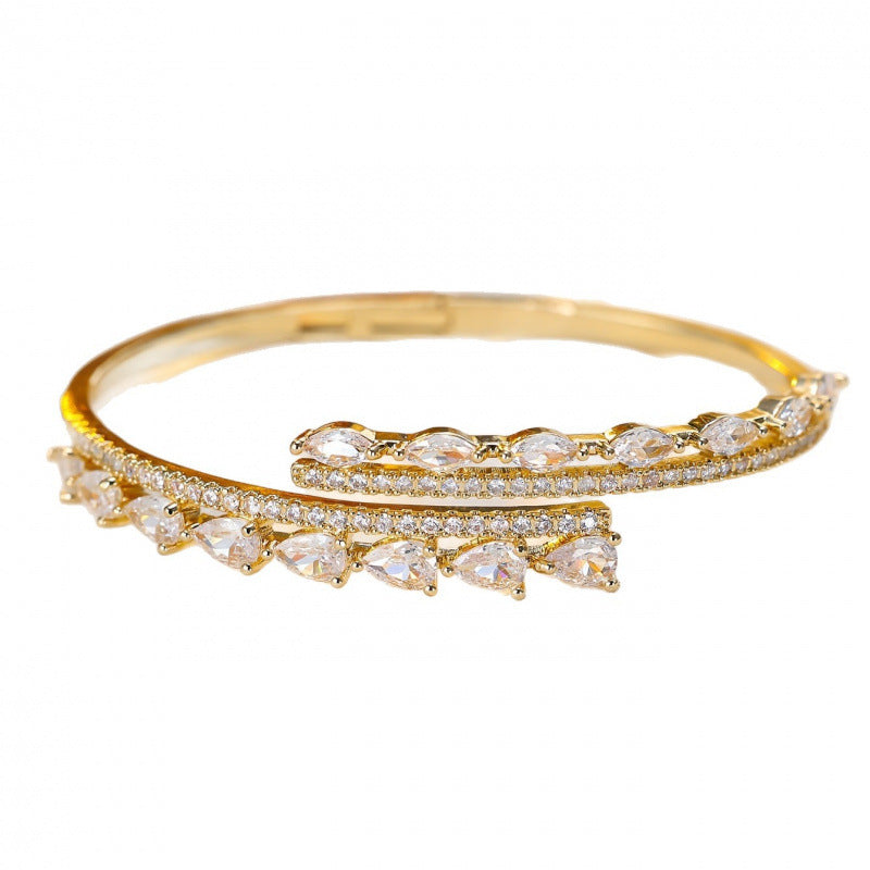 Simple Style Double Ring Bangle With Zircon Inlay, Electroplated Copper Jewelry